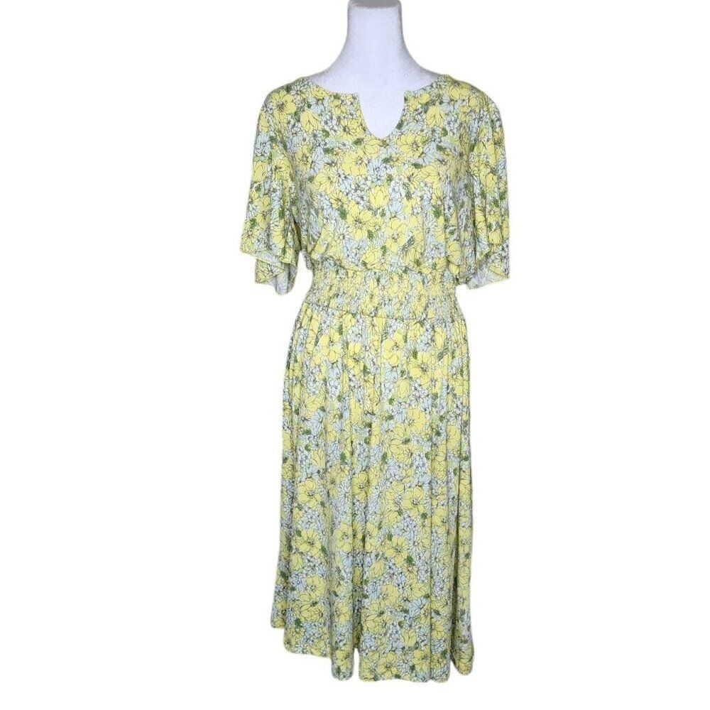 ModCloth Floral Short Sleeve Smocked ALine Fit Flare Dress Womens XL Yellow Dais
